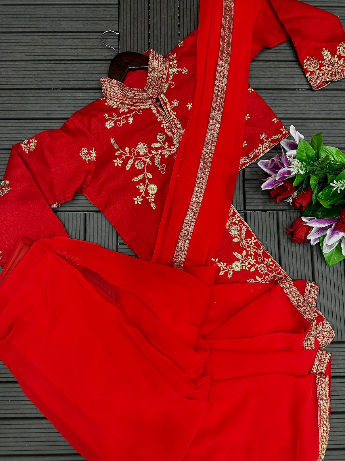 Red Ready-to-Wear Function Wear saree with designer Full Coti Embroidered blouse