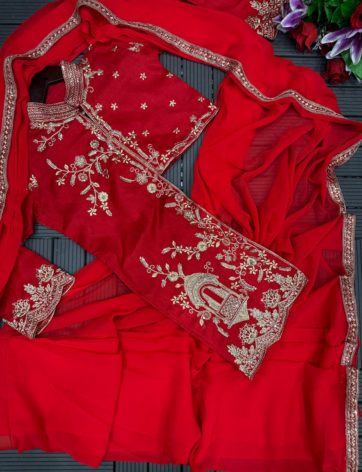 Red Ready-to-Wear Function Wear saree with designer Full Coti Embroidered blouse