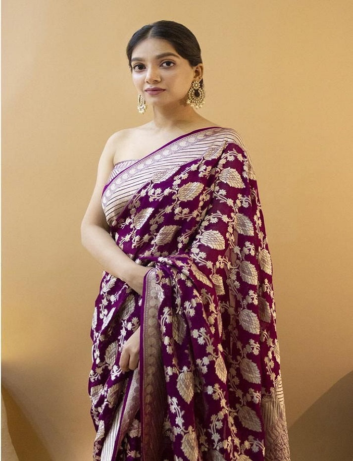 BEAUTIFUL WINE RICH PALLU & JACQUARD WORK ON ALL OVER THE SAREE WITH BEAUTIFUL ZAHLAR