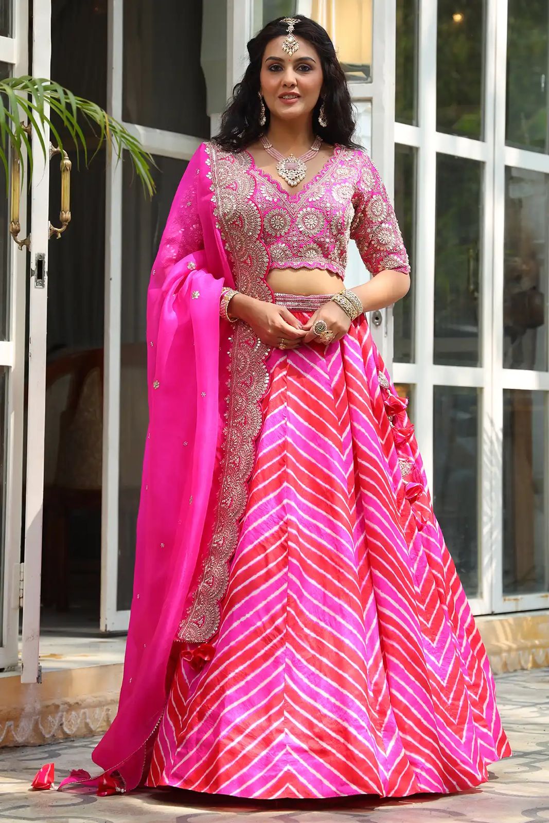 Pink Maslin Silk Fabric With Digital Print With Embroidery work Lehenga Choli for Women's