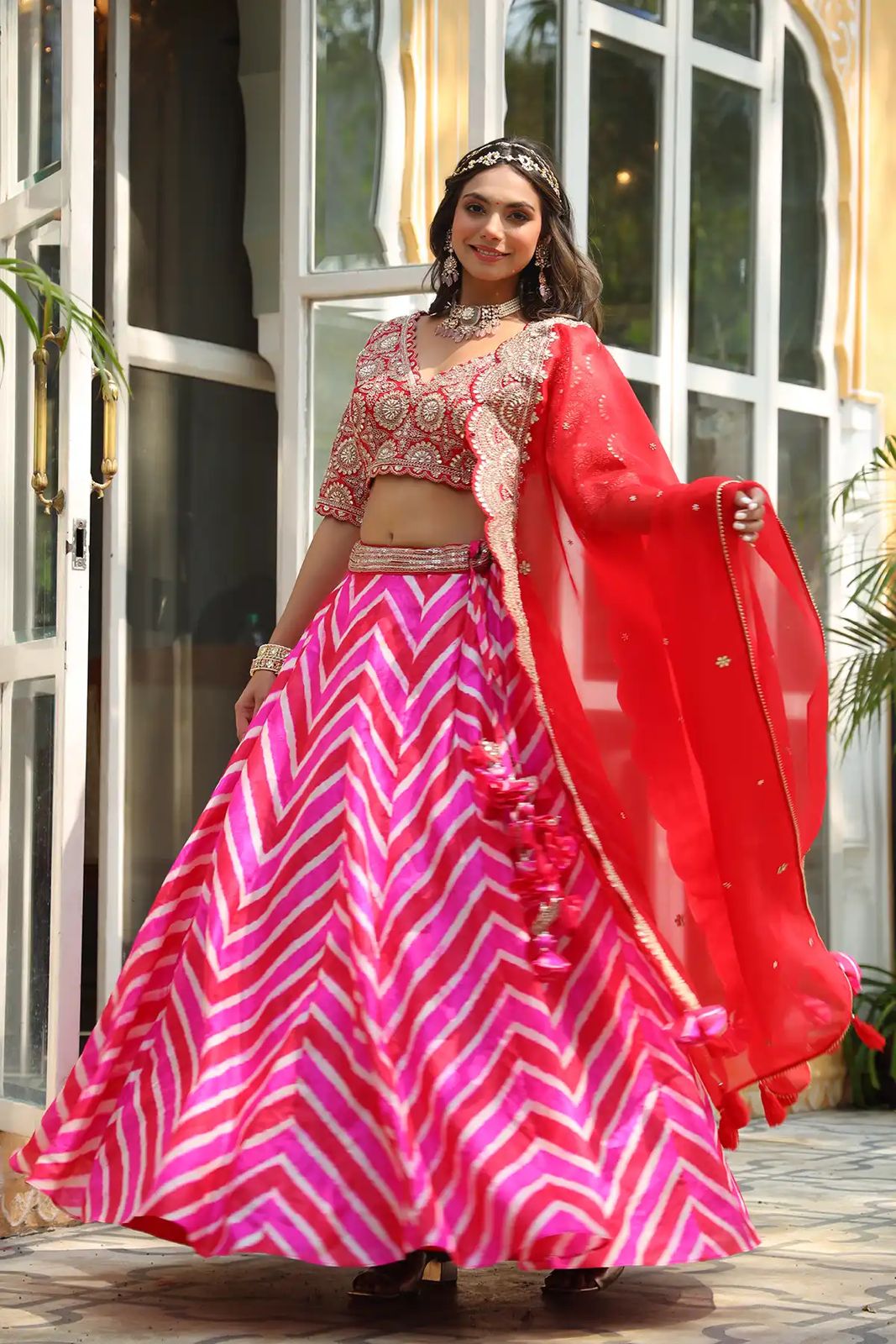 Pink Maslin Silk Fabric With Digital Print With Embroidery work Lehenga Choli for Women's