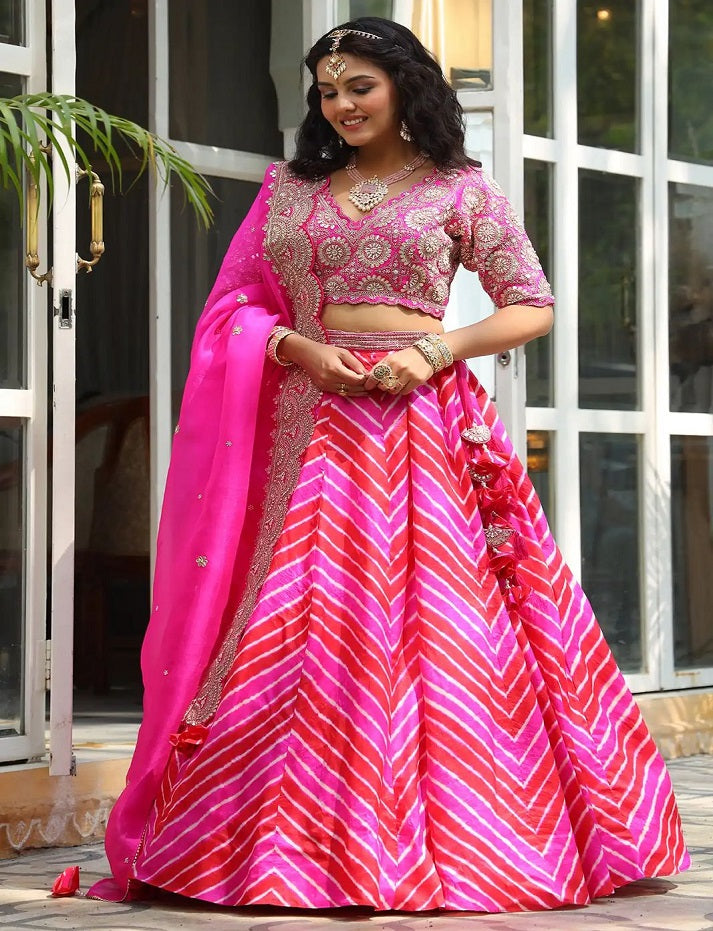 Pink Maslin Silk Fabric With Digital Print With Embroidery work Lehenga Choli for Women's