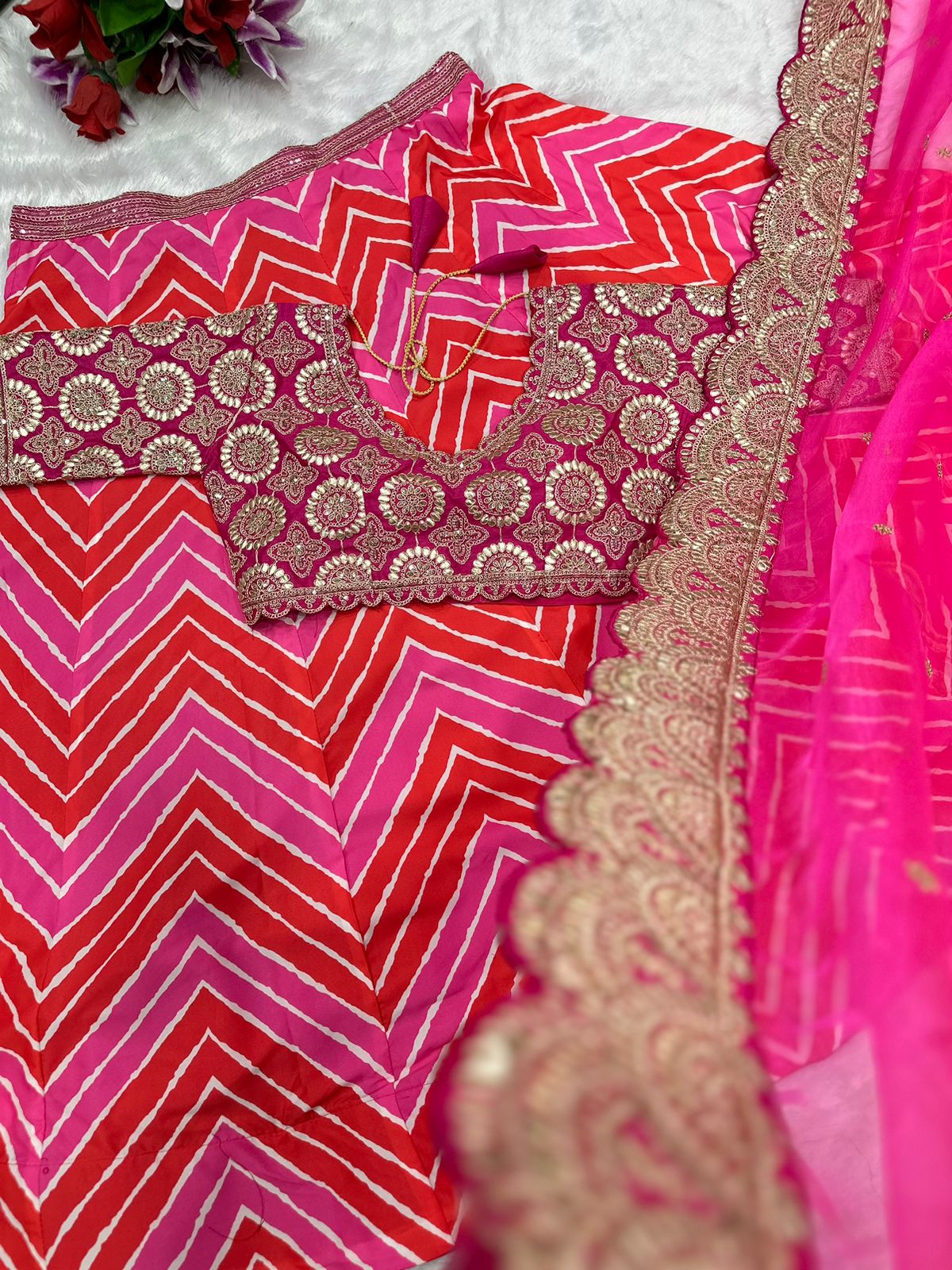 Pink Maslin Silk Fabric With Digital Print With Embroidery work Lehenga Choli for Women's