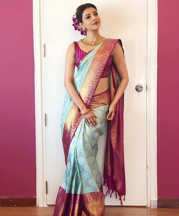 Sky Blue Kanchipuram Handloom Saree, Weaving Silk With Rich Contrast Zari Wooven Pallu & Rich Zari Wooven Border With Contrast Blouse