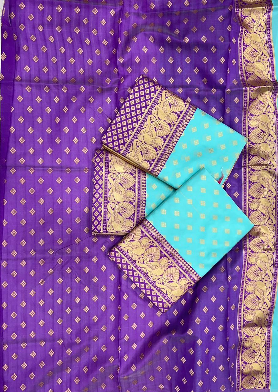 Women Sky Blue Kanjivaram Banarasi Traditional Art Silk Saree With Un-stitched Blouse Piece