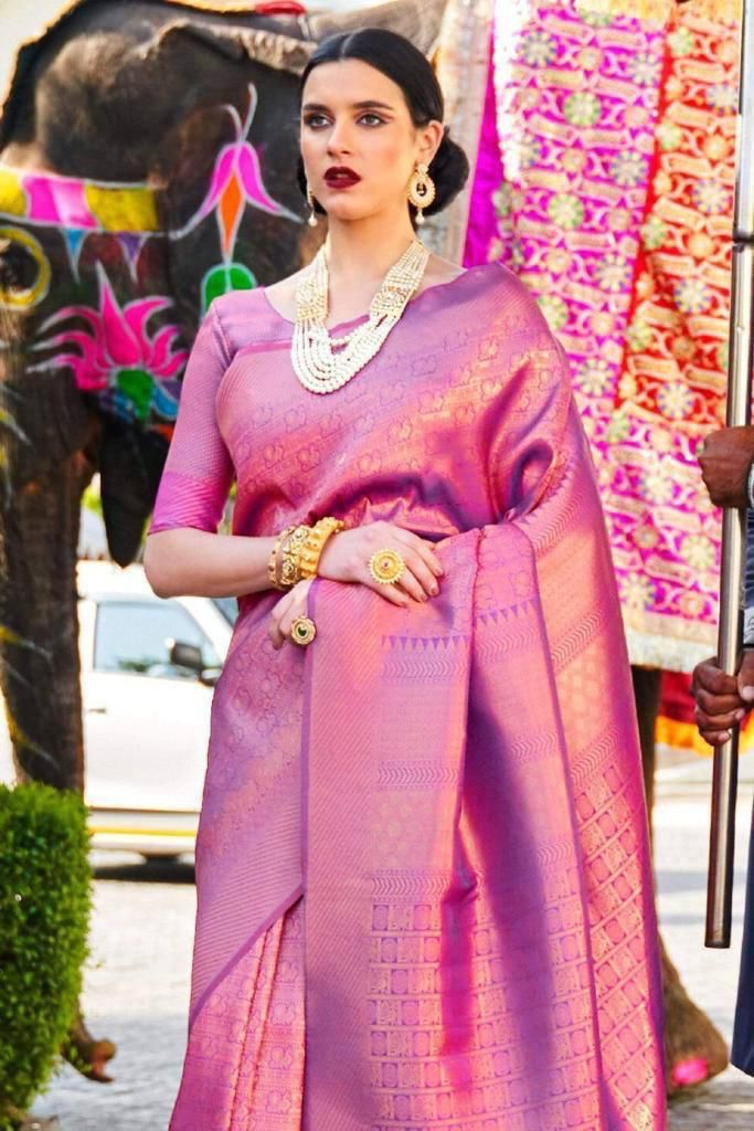 Lavender Purple Pure Woven Kanjivaram Silk Saree With Designer Zari Detailing Blouse