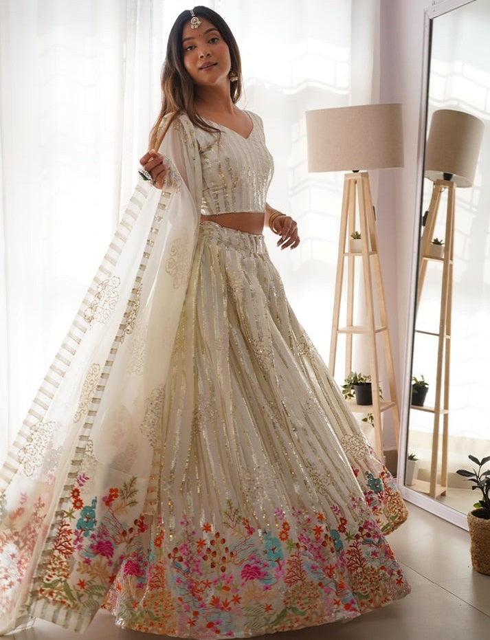 Indian Wedding Off White Lengha Choli In Sequence and Multi Thread Work Indian Sabyasachi Lehenga