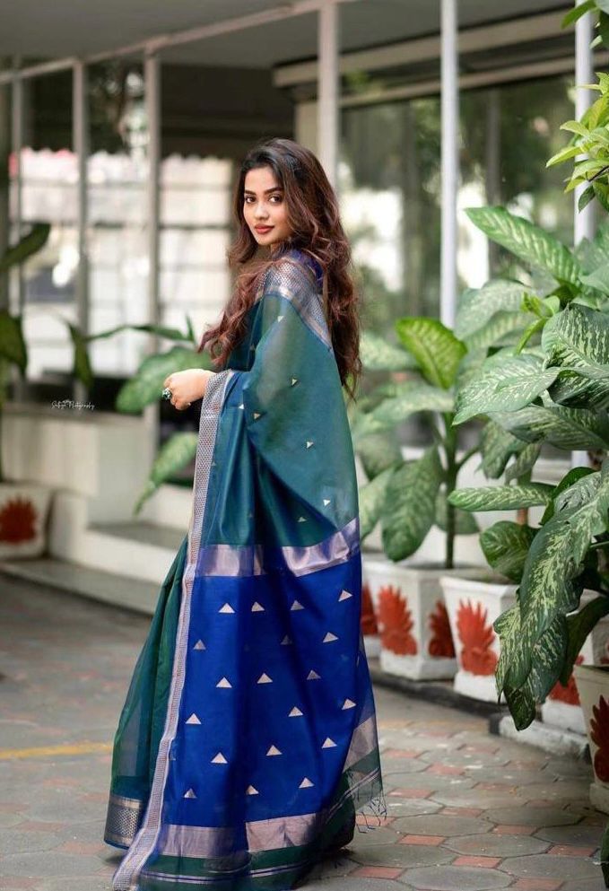 Royal Blue & Rama Dual Tone Pure Soft Semi Silk Jacquard Saree With Attractive Blouse Piece