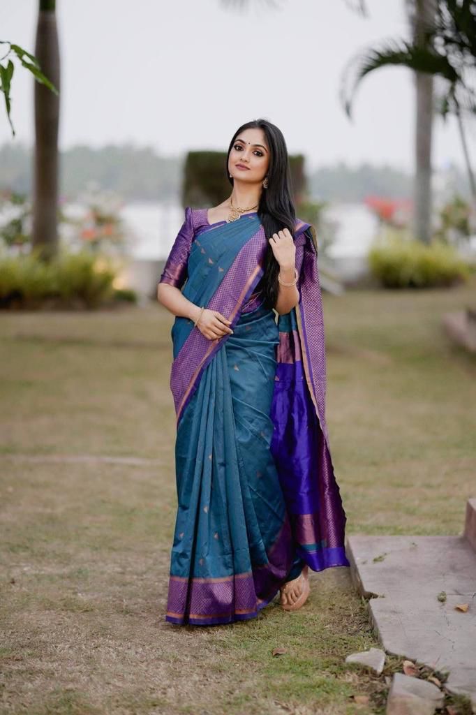 Royal Blue & Rama Dual Tone Pure Soft Semi Silk Jacquard Saree With Attractive Blouse Piece