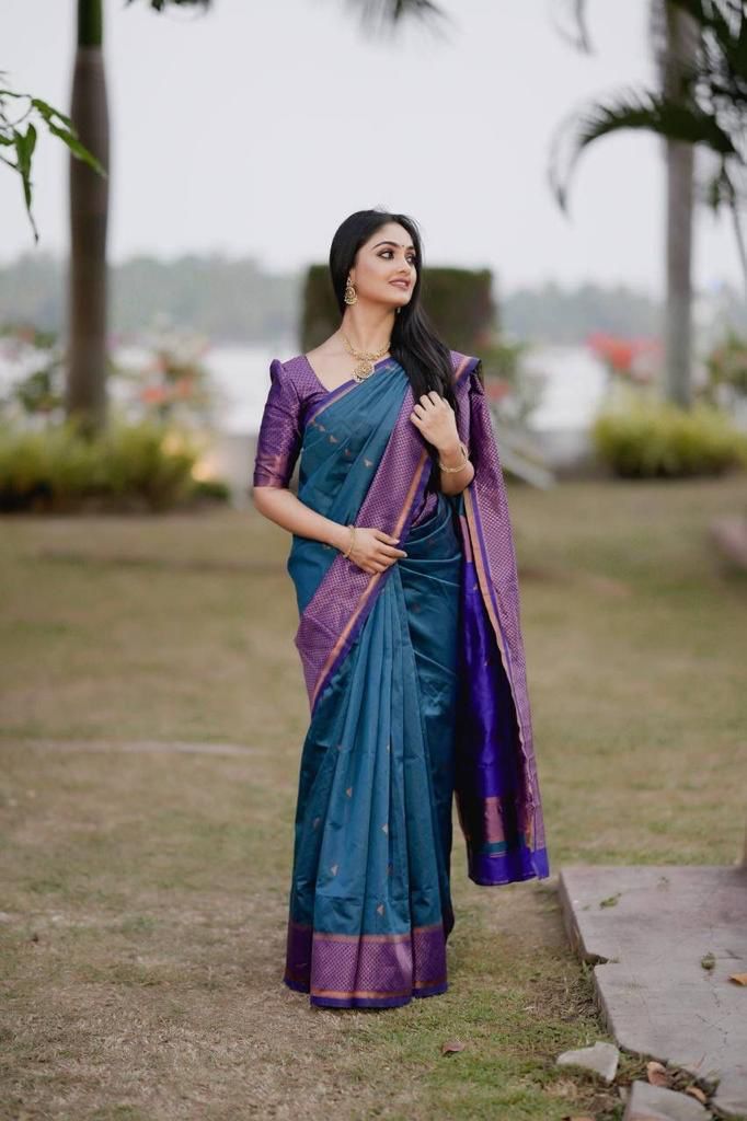 Royal Blue & Rama Dual Tone Pure Soft Semi Silk Jacquard Saree With Attractive Blouse Piece