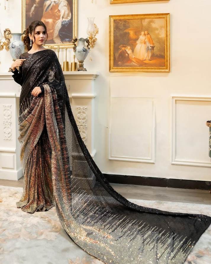 Black Georgette Heavy Sequence & Embroidery Work Bollywood Farewell Partywear Saree For Women