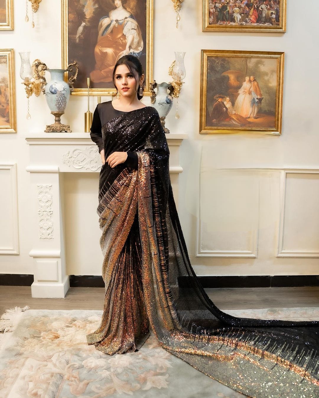 Black Georgette Heavy Sequence & Embroidery Work Bollywood Farewell Partywear Saree For Women