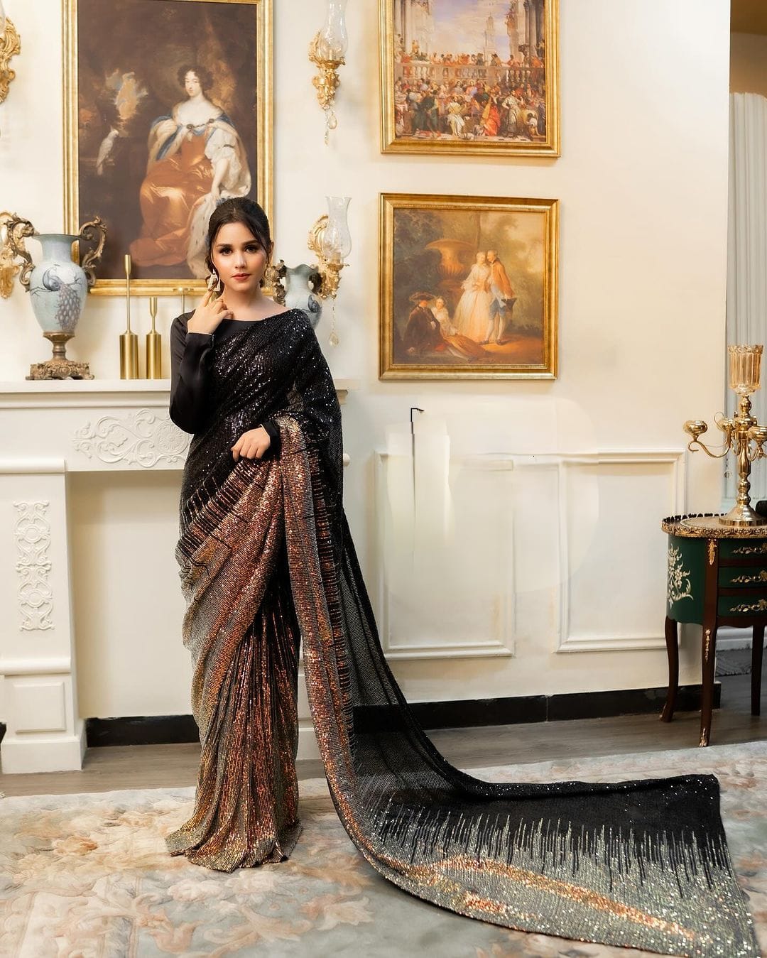 Black Georgette Heavy Sequence & Embroidery Work Bollywood Farewell Partywear Saree For Women