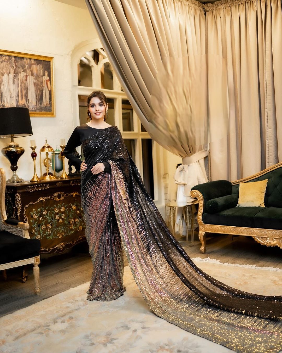 Black Georgette Heavy Sequence & Embroidery Work Bollywood Farewell Partywear Saree For Women