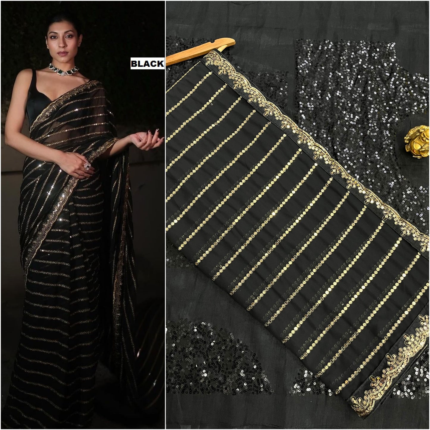 Superb Black Color Georgette With Heavy Sequins Embroidery Work Saree For Womens