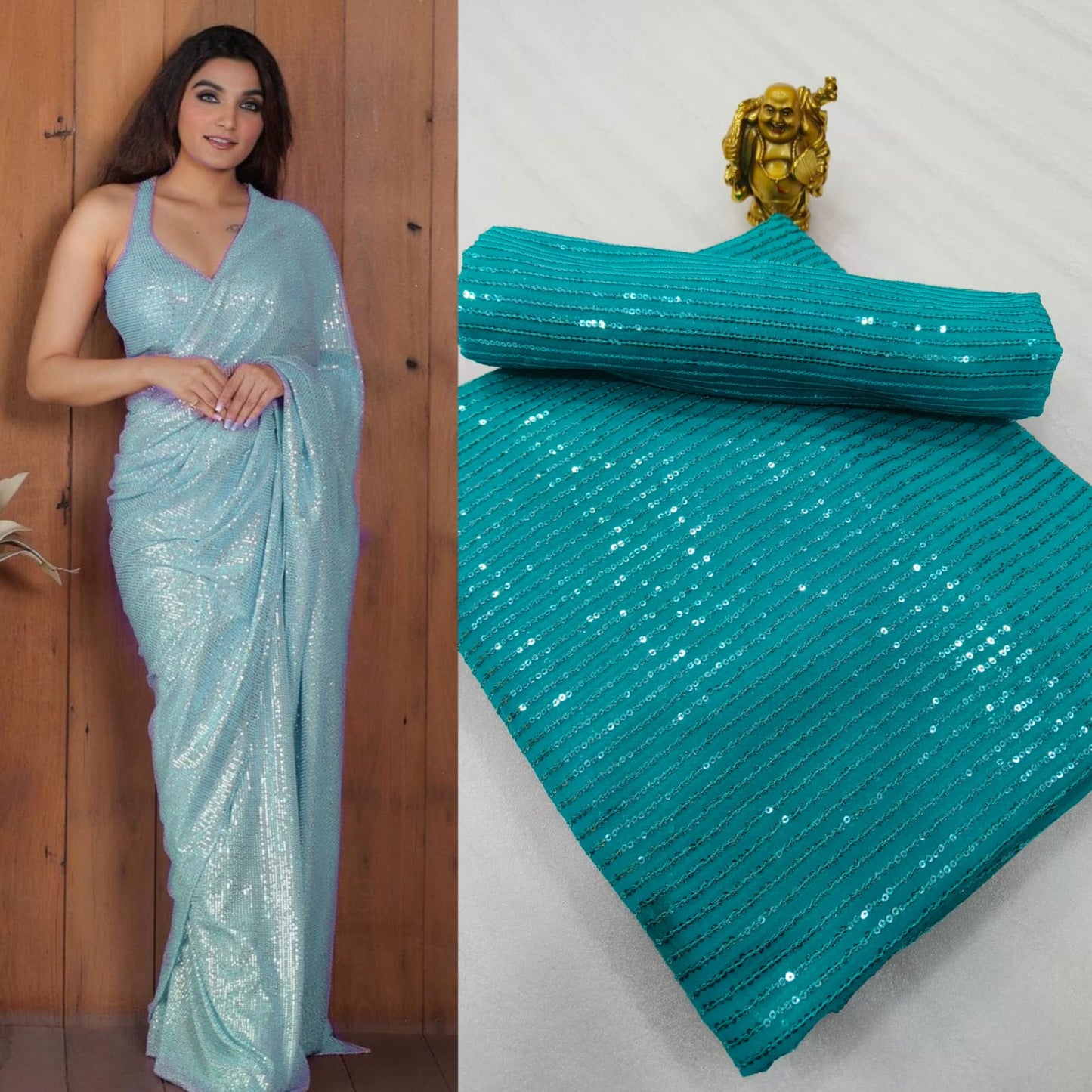 Georgette Double Run Embroidery Shiny Crushed Fabric Saree For Women's Fashionable Designer All Occasions Wear Traditional Saree