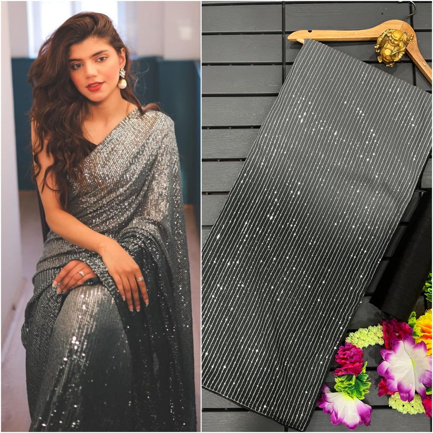 Black Color Georgette Sequence Embroidered Party Wear Saree For Women's