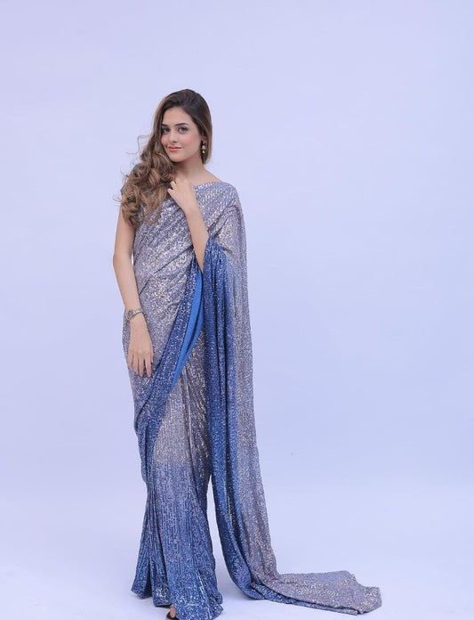 Blue Georgette Digital Print Sequence Embrodery Work Party Wear Saree with Blouse For Women's