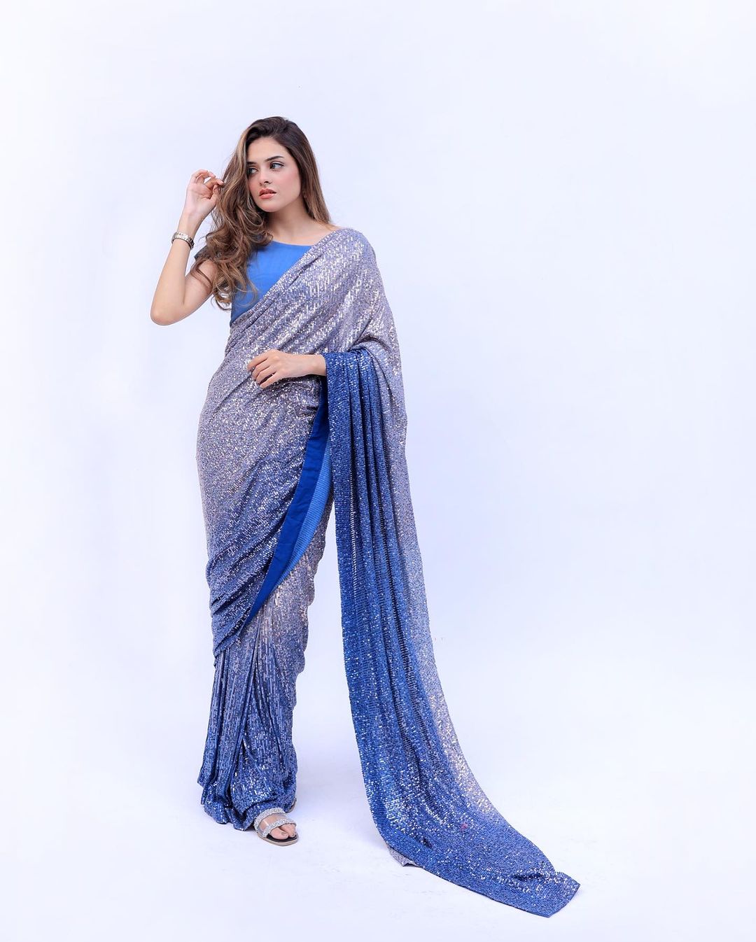 Blue Georgette Digital Print Sequence Embrodery Work Party Wear Saree with Blouse For Women's