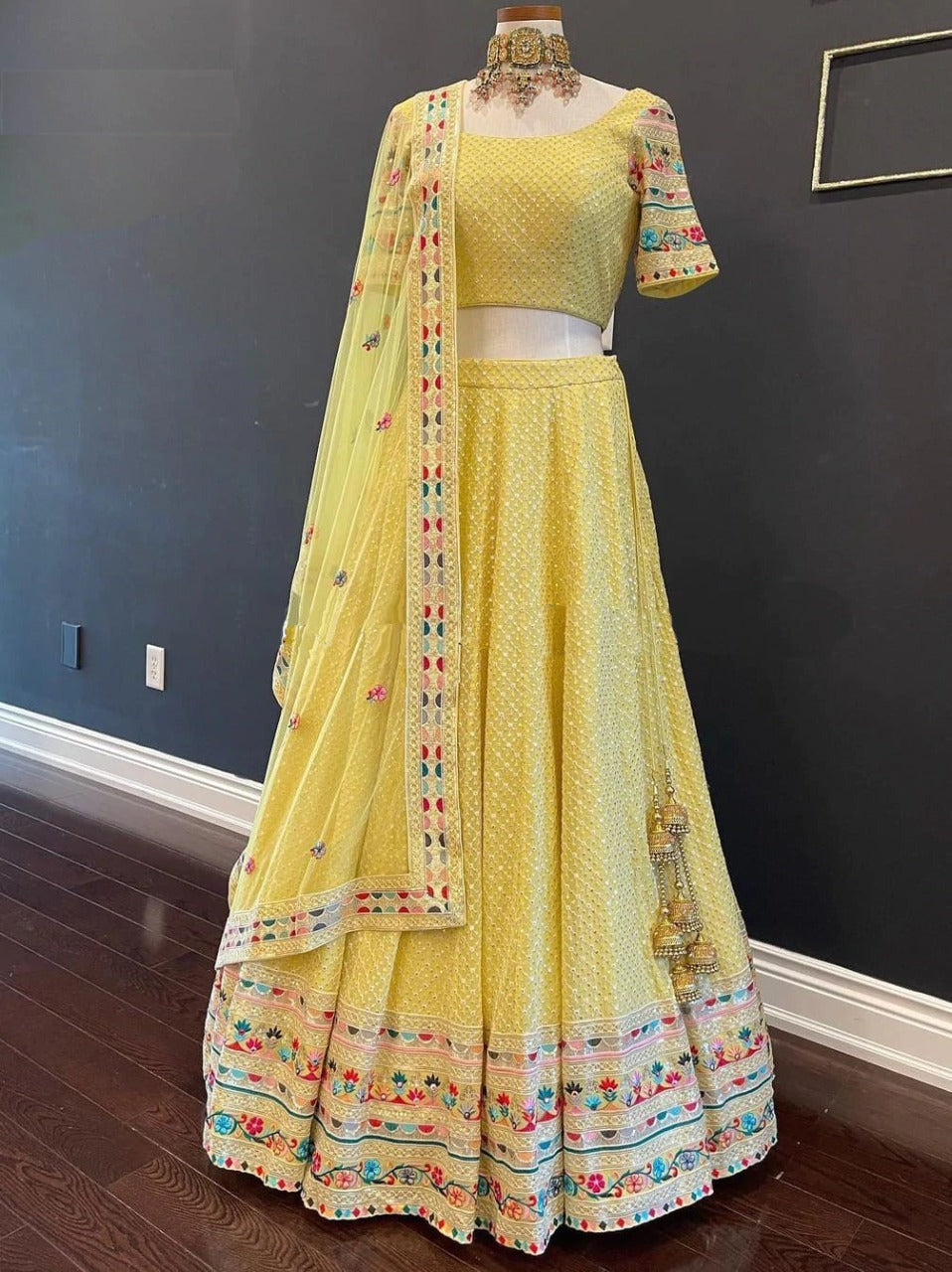 Haldi Special Faux GeorgetteEmbroidered Multi Thread Work Yellow Lehenga For Bride