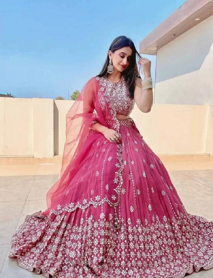 Wedding Wear Pink Georgette Lehenga Choli With Embroidered Fancy Sequins Work