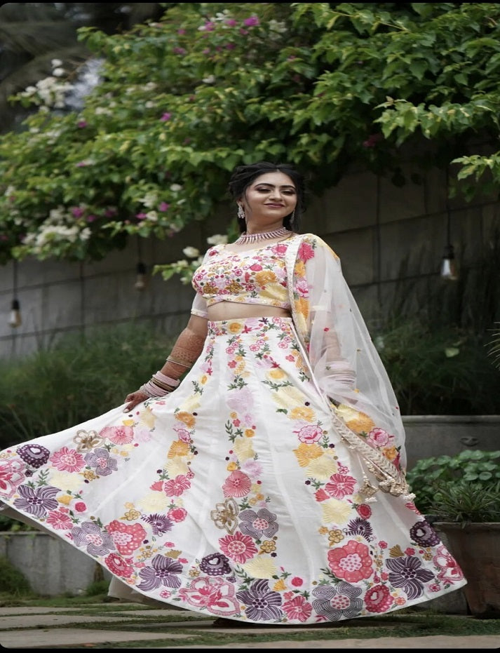 White Multi Color Lehenga Georgette Sequins Embroidered work with Cancan And Canvas Patta