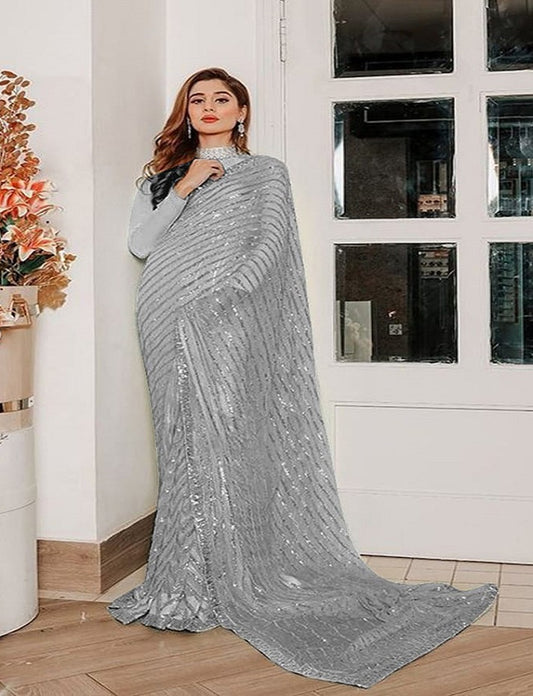 Beautiful Grey Boutique Designer Pure Georgette Sequence Work Saree For Women's