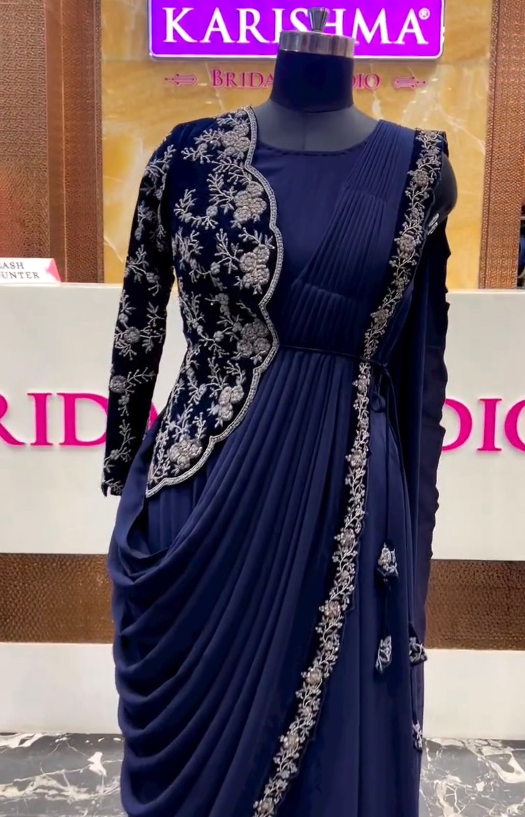 New Blue Super Trending Embroidery cording work ready to wear saree with half koti Blouse