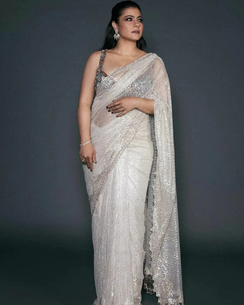 White Heavy Quality Mono Net Saree with Multi-Embroidery Work, Cutwork Border, and Zalar Attached in Pallu