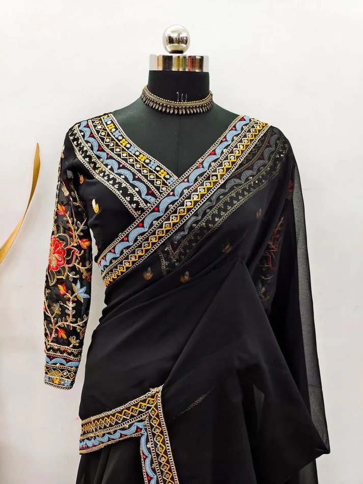 Black Color Georgette With Embroidery Work Blouse Designer Saree Beautiful And Stunning Look Sabyasachi Style Party Wear Wedding wear Saree .