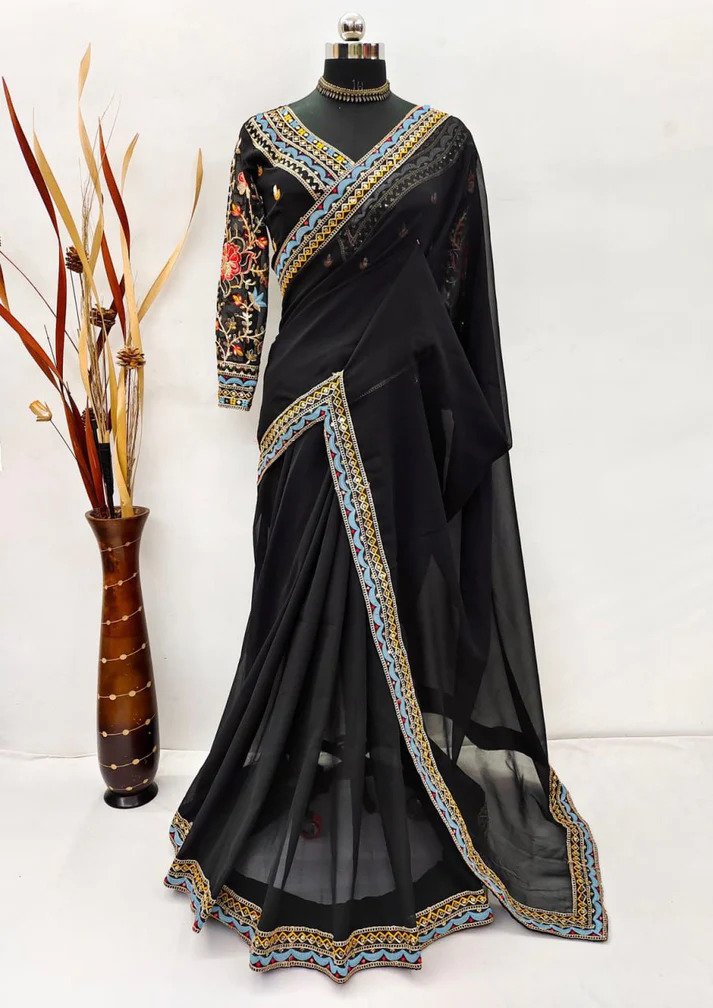 Black Color Georgette With Embroidery Work Blouse Designer Saree Beautiful And Stunning Look Sabyasachi Style Party Wear Wedding wear Saree .