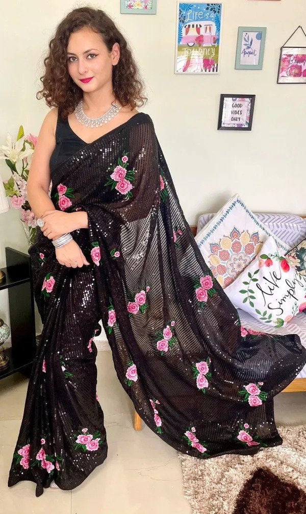 Black Premium Georgette Saree with Multicolor Thread and Sequin Work and Satin Banglori Blouse