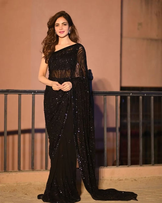 Women Trending Black Faux Georgette Sequins Work Party Wear Saree