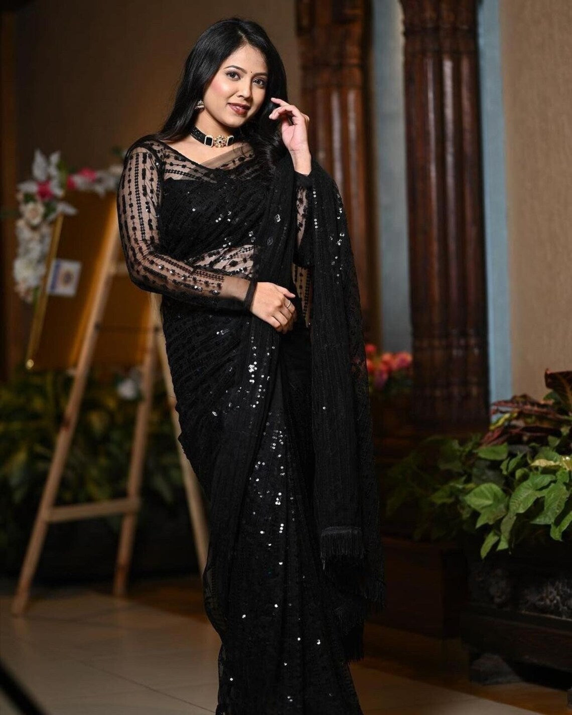 Women's And Girls Soft Mono Net fabric Black Color Saree With Embroidery Sequins 5mm Zalar Work Saree