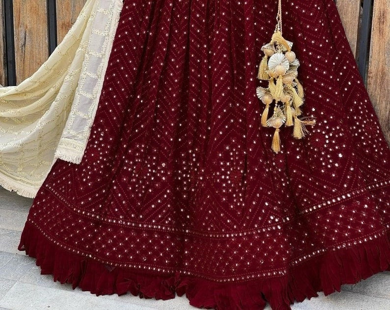 Women's Maroon Faux Georgette Semi-stitched Embroidery Mirror Work Lehenga Choli