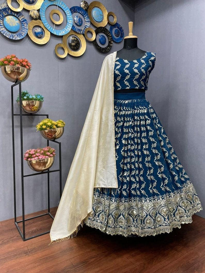 Women's Fancy Embroidery Georgatte Silk Woven Desing Sleeveless Semi-Stitched FreeSize Lehengha Choli