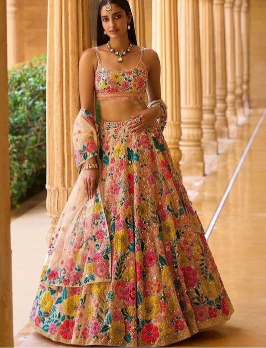 CHARMING MULTICOLORED THREAD AND SEQUINS EMBROIDRED GEORGETTE SEMI STITCHED LEHENGA CHOLI FOR BRIDE