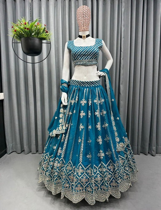 Designer Blue Georgette Lehenga Choli With Embroidery Sequence Work And Georgette Dupatta Wedding Wear For Women