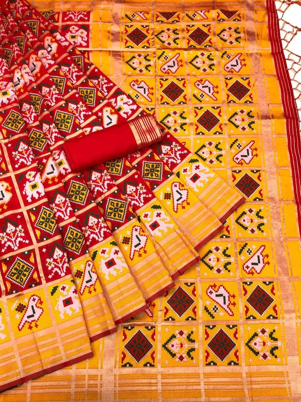 Red And Yellow Patola silk south Indian style saree Bollywood style saree wedding saree