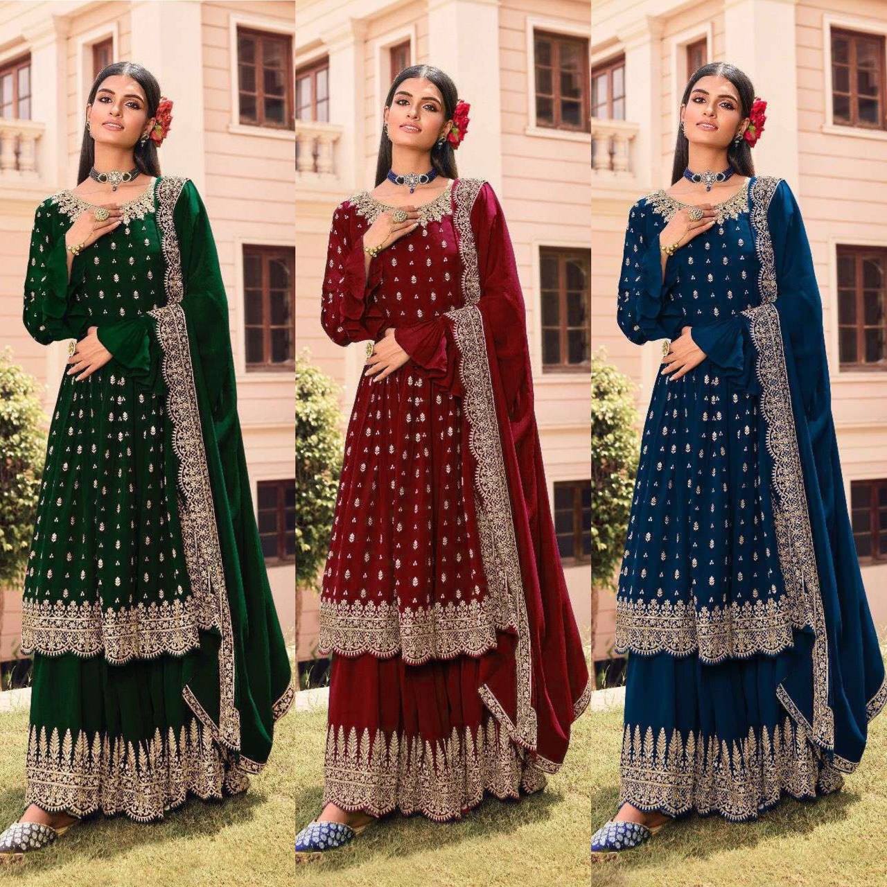 Women's Blue Faux Georgette Semi Stitched Top With Stitched Bottom and Dupatta Embroidered Flared Top Dress Material