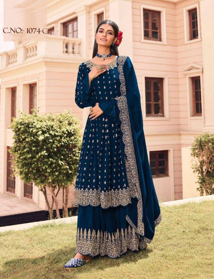 Women's Blue Faux Georgette Semi Stitched Top With Stitched Bottom and Dupatta Embroidered Flared Top Dress Material