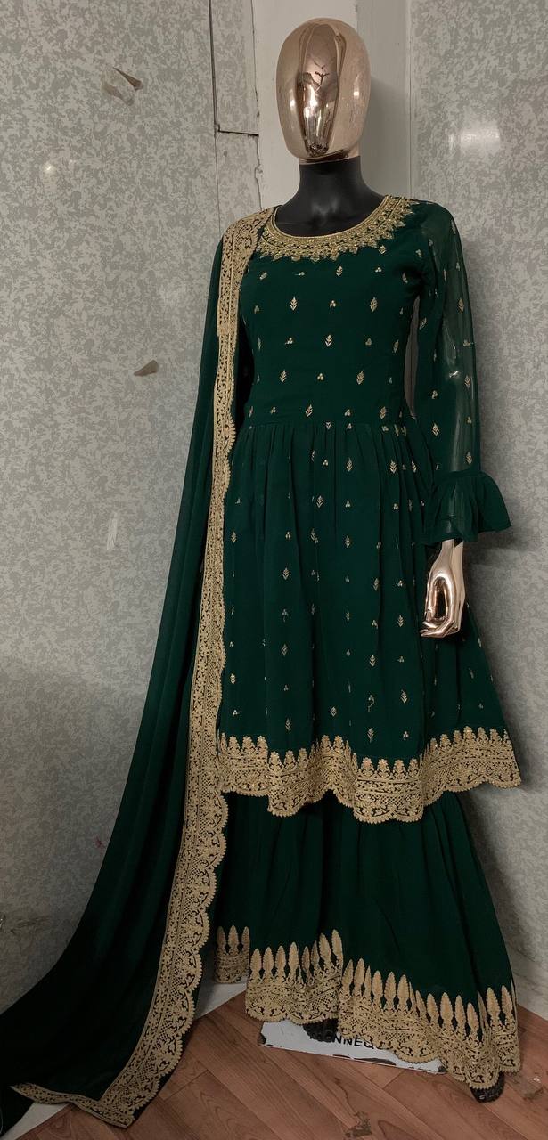 Women's Green  Faux Georgette Semi Stitched Top With Stitched Bottom and Dupatta Embroidered Flared Top Dress Material