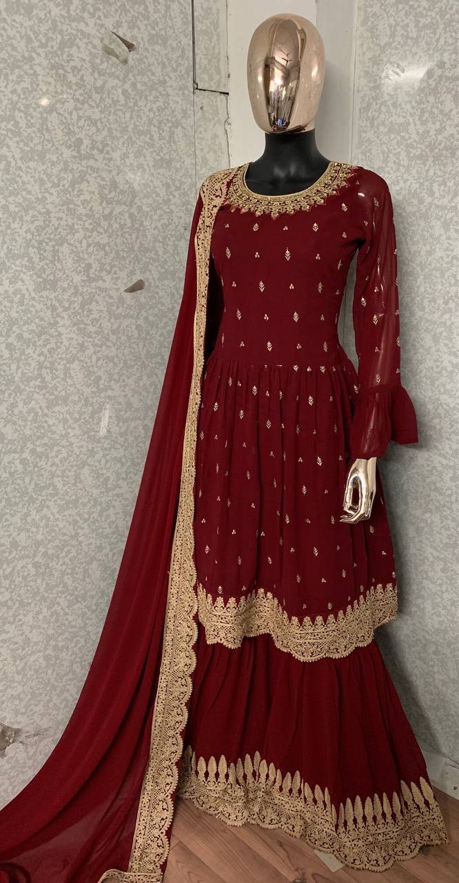 Women's Red  Faux Georgette Semi Stitched Top With Stitched Bottom and Dupatta Embroidered Flared Top Dress Material