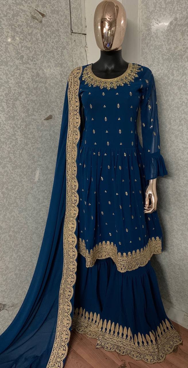 Women's Blue Faux Georgette Semi Stitched Top With Stitched Bottom and Dupatta Embroidered Flared Top Dress Material