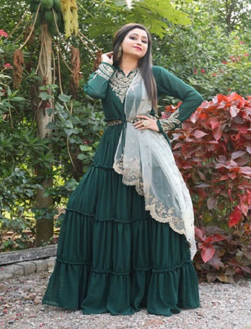 WOMEN'S GREEN FAUX GEORGETTE STITCHED TOP FULL SLEEVE EMBROIDERED ANARKALI GOWN