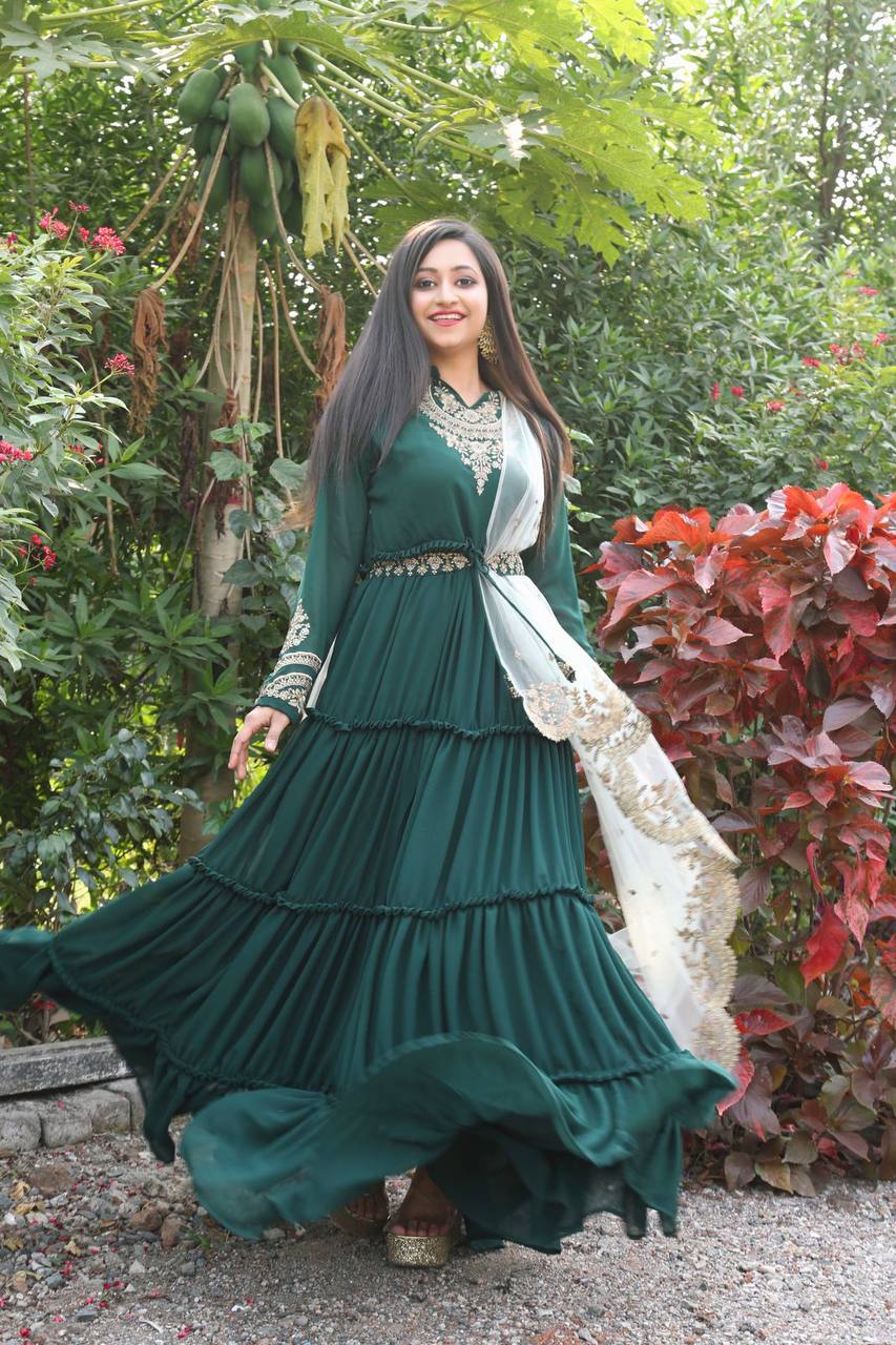 WOMEN'S GREEN FAUX GEORGETTE STITCHED TOP FULL SLEEVE EMBROIDERED ANARKALI GOWN