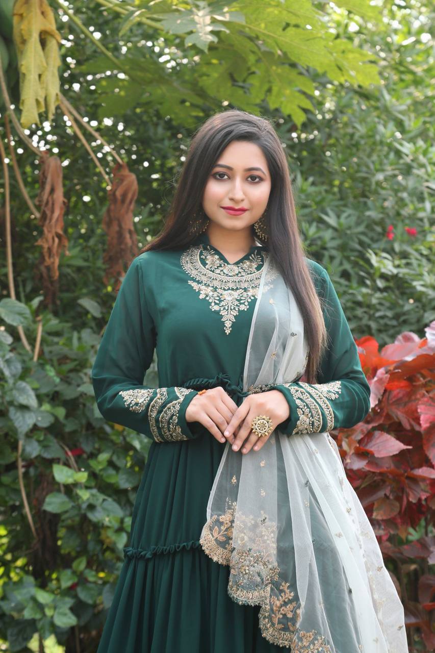 WOMEN'S GREEN FAUX GEORGETTE STITCHED TOP FULL SLEEVE EMBROIDERED ANARKALI GOWN