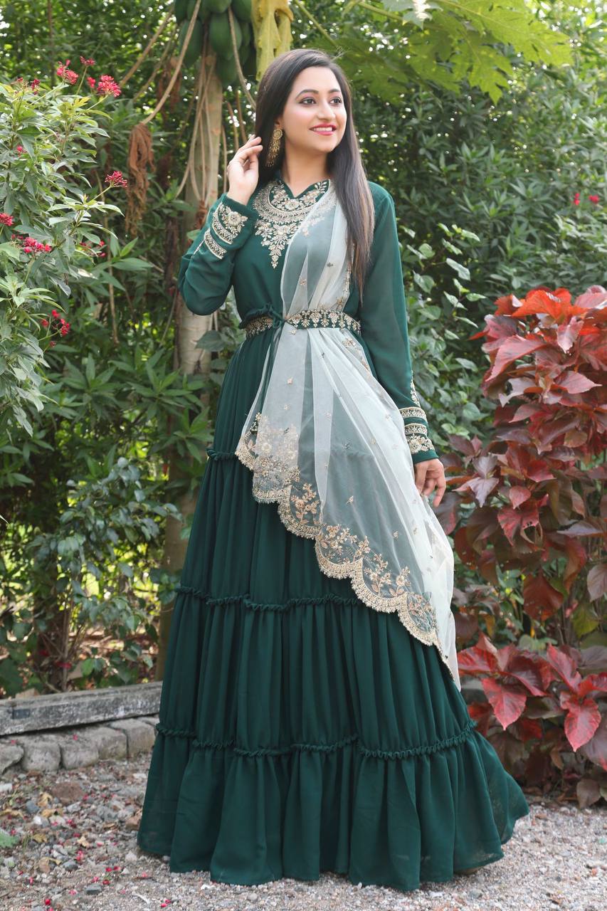 WOMEN'S GREEN FAUX GEORGETTE STITCHED TOP FULL SLEEVE EMBROIDERED ANARKALI GOWN