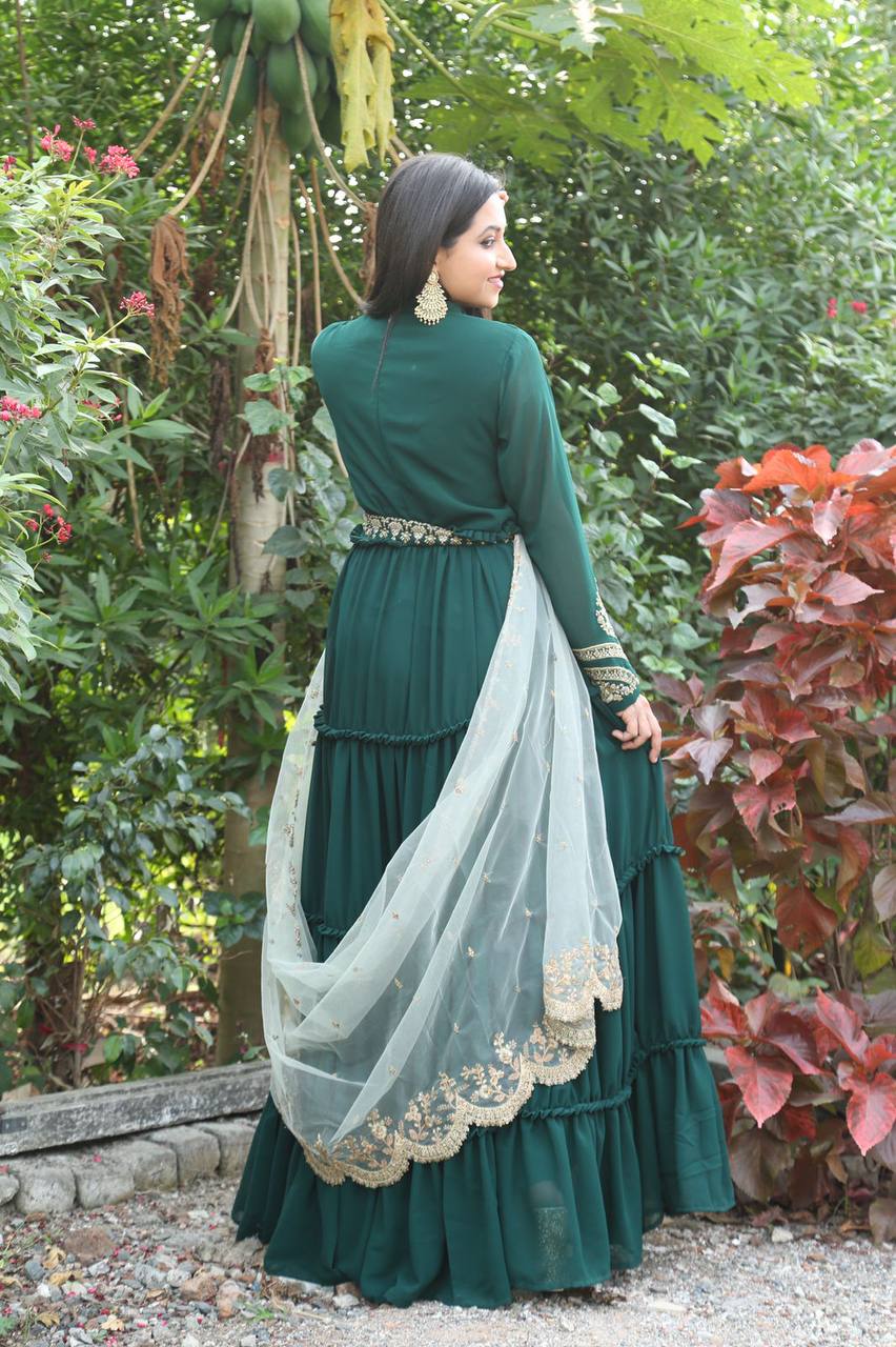 WOMEN'S GREEN FAUX GEORGETTE STITCHED TOP FULL SLEEVE EMBROIDERED ANARKALI GOWN