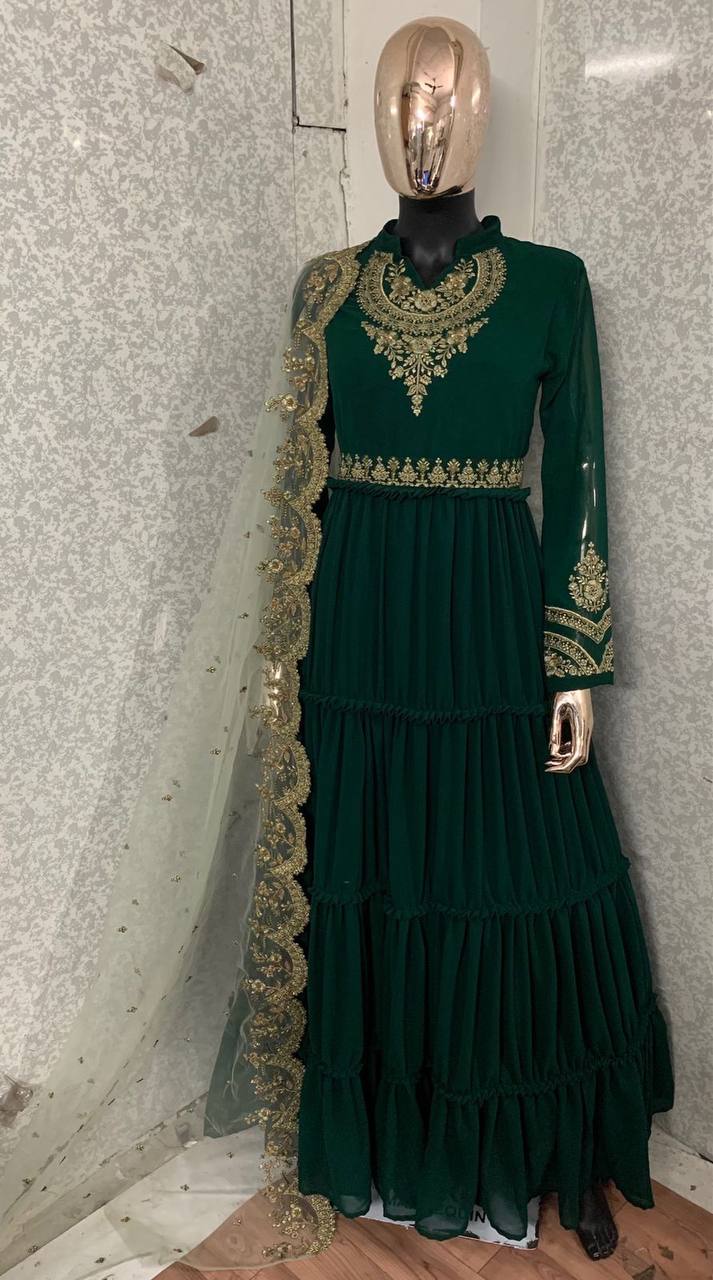 WOMEN'S GREEN FAUX GEORGETTE STITCHED TOP FULL SLEEVE EMBROIDERED ANARKALI GOWN